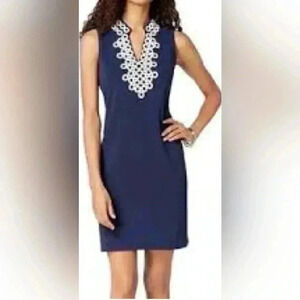 CHARTER CLUB navy stretch dress white V neckline appliques around size large